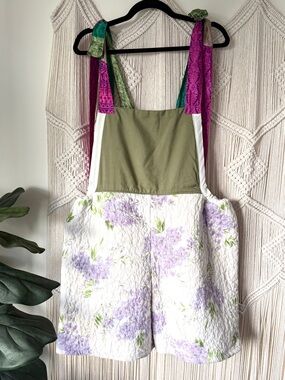 The Morgan Factory Upcycled Floral Quilted Overall Shorts Olive Bodice Silk Ties